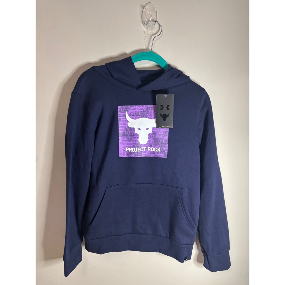 Under Armour Boys Project Rock Rival Fleece Hoodie Navy Blue YLG 1373628‎